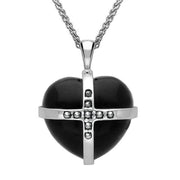 Sterling Silver Whitby Jet Marcasite Medium Cross Heart Necklace, P2263.