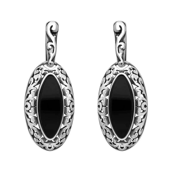 Sterling Silver Whitby Jet Marquise Pierced Frame Earrings, E1555