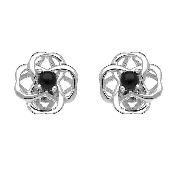 00185627  Sterling Silver Whitby Jet Open Round Flower Two Piece Set, S073.