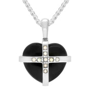 Sterling Silver Whitby Jet Pearl Small Cross Heart Necklace, P2259.
