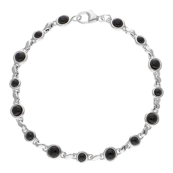 Sterling Silver Whitby Jet Round Bead Link Bracelet, B884.
