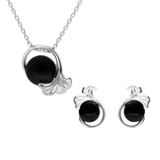 Sterling Silver Whitby Jet Round Leaf Effect Two Piece Set