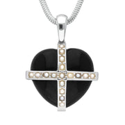 Sterling Silver Whitby Jet Seventeen Pearl Medium Cross Heart Necklace. P2258.
