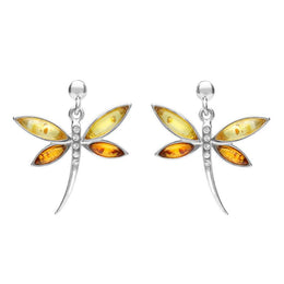 Sterling Silver Honey Amber Cubic Zirconia Dragonfly Drop Earrings E2326