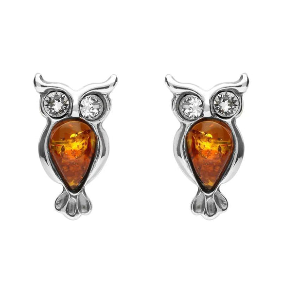 Sterling Silver Amber Cubic Zirconia Owl Stud Earrings, E2327.