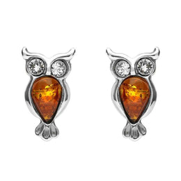 Sterling Silver Amber Cubic Zirconia Owl Stud Earrings, E2327.