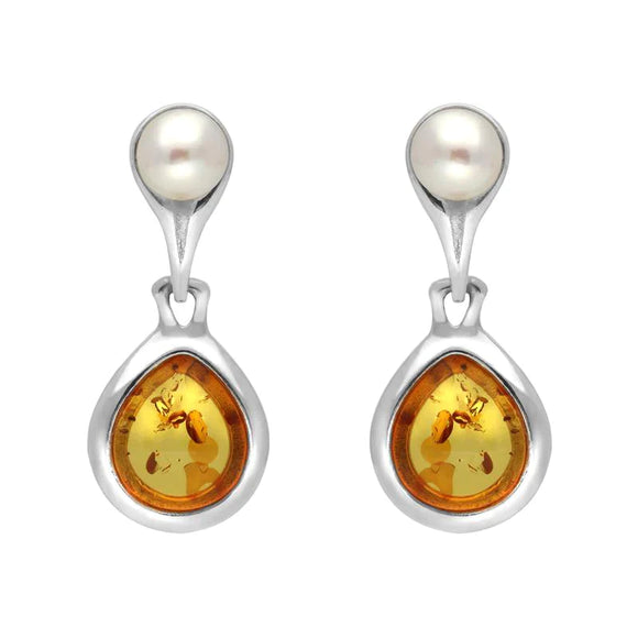 Sterling Silver Amber Pearl Drop Earrings, E1892.