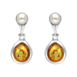 Sterling Silver Amber Pearl Drop Earrings, E1892.