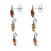 Sterling Silver Amber Three Stone Marquise Drop Earrings. E956.