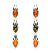 Sterling Silver Amber Three Stone Marquise Drop Earrings. E956.