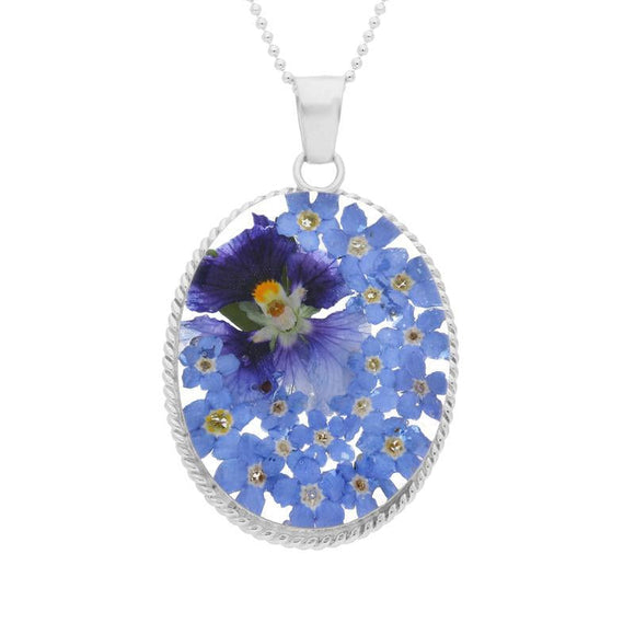 Sterling Silver Blue Floral Oval Rope Edge Necklace. P3287C