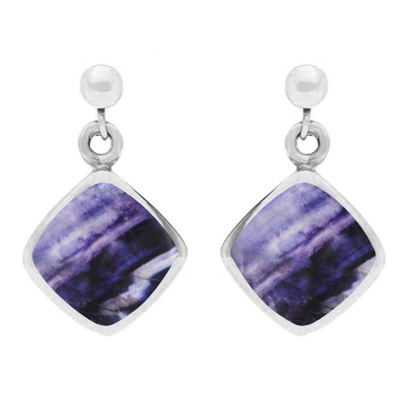 Sterling Silver Blue John Cushion Drop Earrings. E227. 