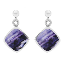 Sterling Silver Blue John Cushion Drop Earrings. E227. 