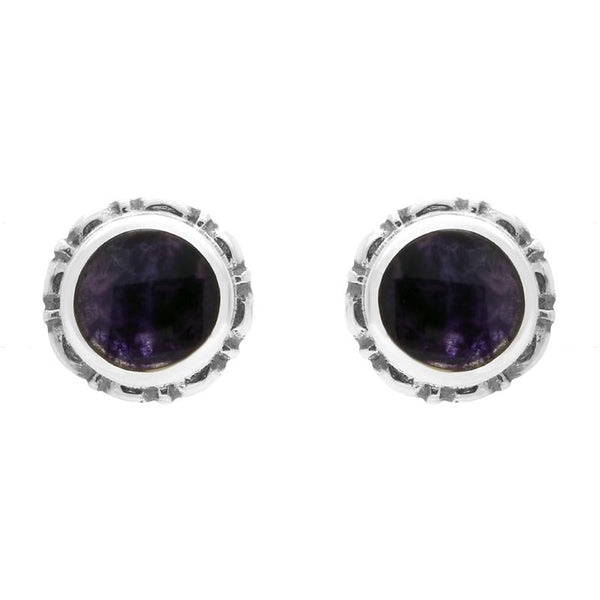Sterling Silver Blue John Heritage Round Small Stud Earrings. E002.