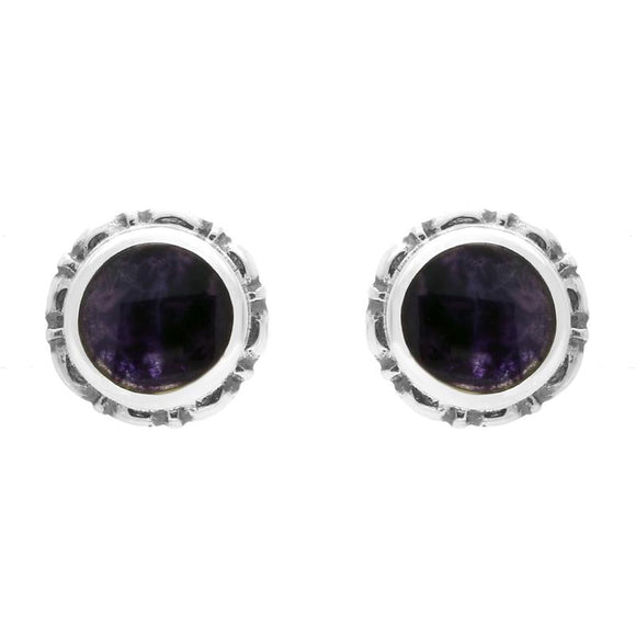 Sterling Silver Blue John Heritage Round Small Stud Earrings. E002.