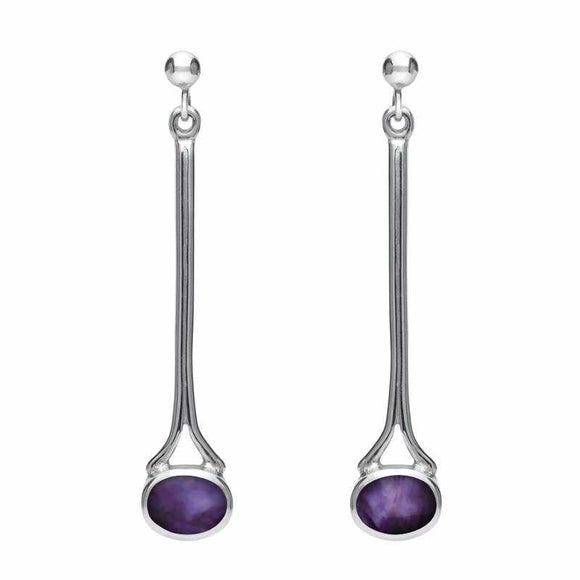 Sterling Silver Blue John Long Drop Earrings. E094.