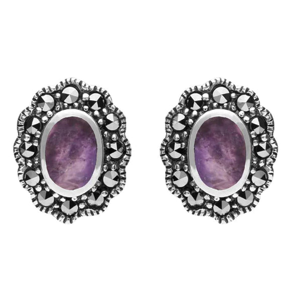 Sterling Silver Blue John Marcasite Oval Beaded Edge Stud Earrings