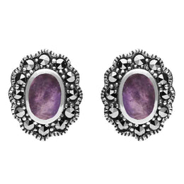 Sterling Silver Blue John Marcasite Oval Beaded Edge Stud Earrings