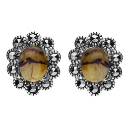 Sterling Silver Blue John Marcasite Oval Beaded Edge Stud Earrings E1637