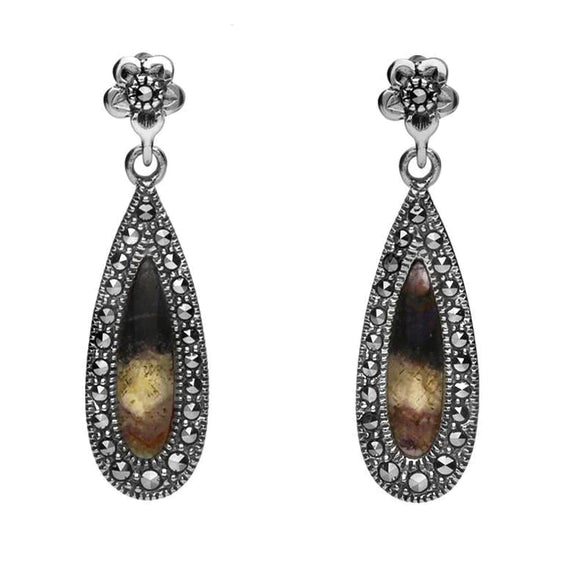 Sterling Silver Blue John Marcasite Pear Drop Stud Earrings. E2236.