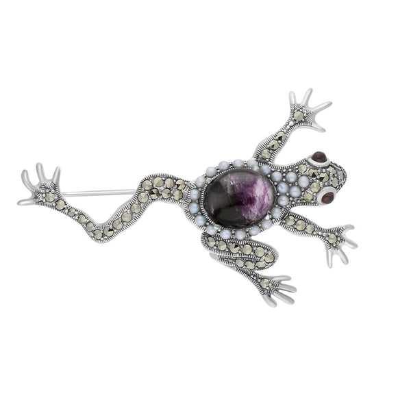 Sterling Silver Blue John Marcasite Pearl Frog Brooch. M295.