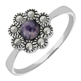 Sterling Silver Blue John Marcasite Round Beaded Edge Ring, R806.