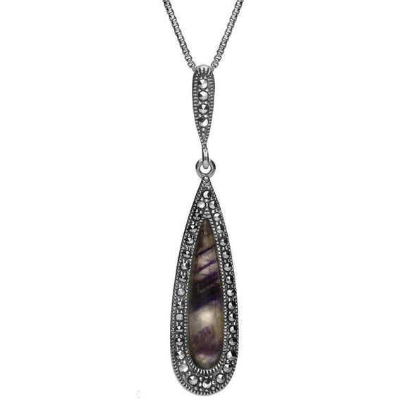 Sterling Silver Blue John Marcasite Slim Pear Drop Necklace. P2978.