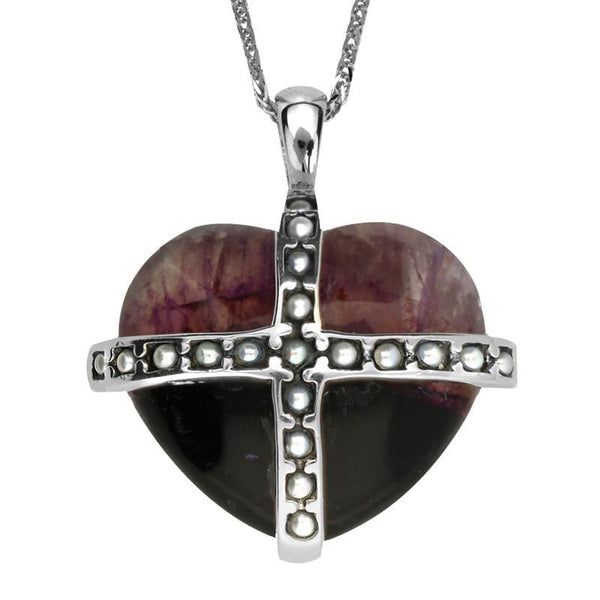 Sterling Silver Blue John Nineteen Pearl Large Cross Heart Necklace P2155