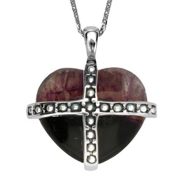 Sterling Silver Blue John Nineteen Pearl Large Cross Heart Necklace P2155