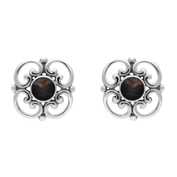 Sterling Silver Blue John Round Scroll Stud Earrings. e013.