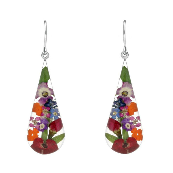 Sterling Silver Floral Mixed Petal Teardrop Drop Earrings - E2180