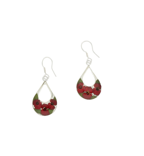 Sterling Silver Floral Poppy Double Teardrop Drop Earrings