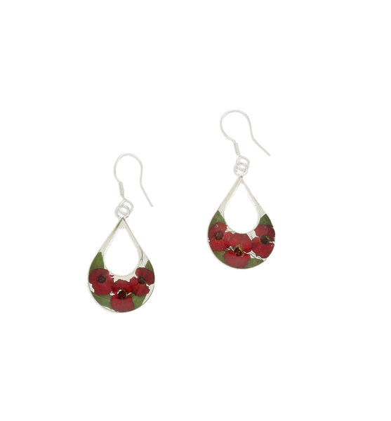 Sterling Silver Floral Poppy Double Teardrop Drop Earrings