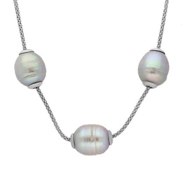Sterling Silver Grey Baroque Pearl Three Bead Necklace. N699.