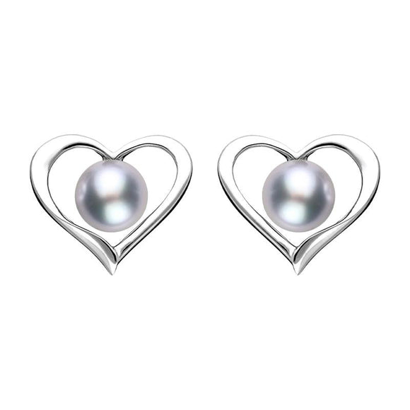 Sterling Silver Grey Pearl Open Heart Stud Earrings, E2071.