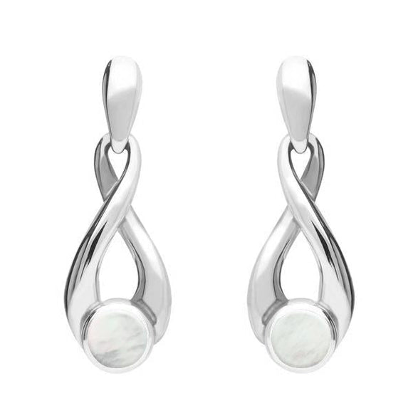 Sterling Silver Mother of Pearl Eternity Loop Drop Earrings. E074. 
