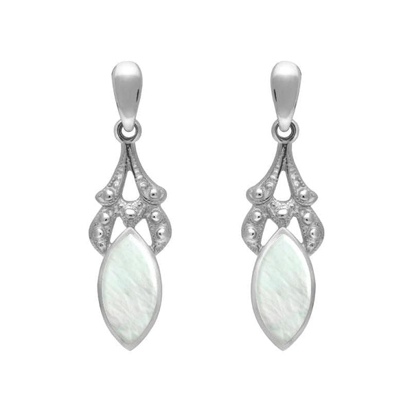 Sterling Silver Mother of Pearl Marquise Drop Earrings. E075.