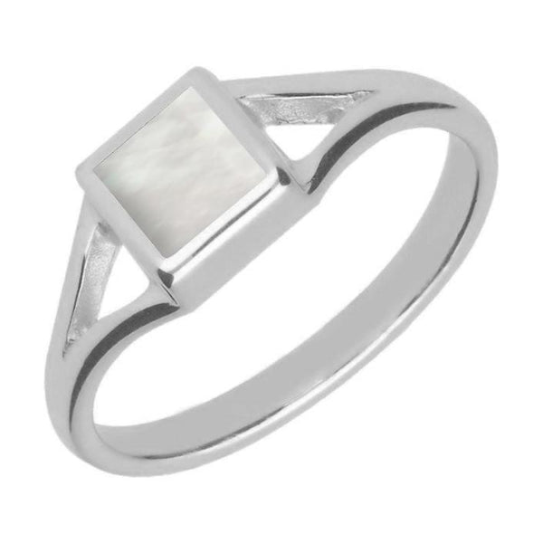 Sterling Silver Mother of Pearl Square Split Shoulder Ring. R063.