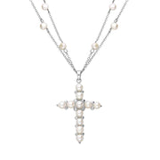 Sterling Silver Pearl Double Chain Cross Necklace, N847.