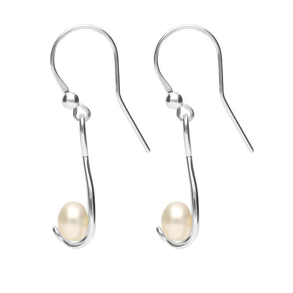 Sterling Silver Pearl Open Twist Drop Earrings. e1890.