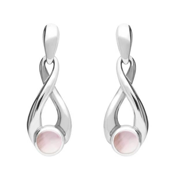 Sterling Silver Pink Mother of Pearl Eternity Loop Drop Earrings. E074. 