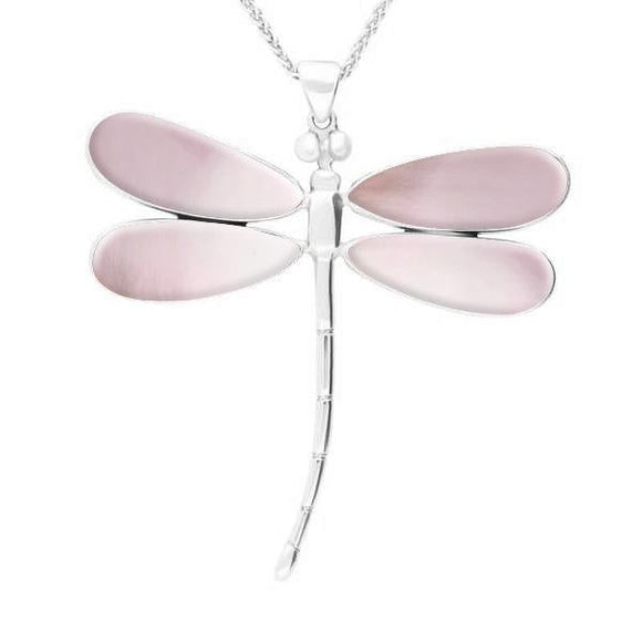 Sterling Silver Pink Mother of Pearl Four Stone Large Dragonfly Necklace. P460.