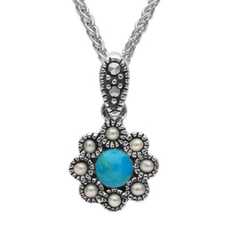 Sterling Silver Turquoise Pearl Round Bead Edge Two Piece Set