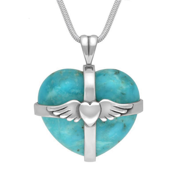 Sterling Silver Turquoise Large Winged Cross Heart Necklace