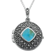 Sterling Silver Turquoise Marcasite Cushion Patterned Locket, P2148.