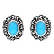 Sterling Silver Turquoise Marcasite Oval Beaded Edge Stud Earrings E1632