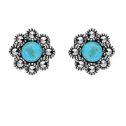 Sterling Silver Turquoise Marcasite Round Edge Bead Stud Earrings E1635