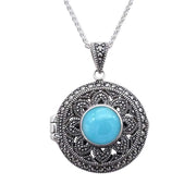 Sterling Silver Turquoise Marcasite Round Floral Locket Necklace. P2150.