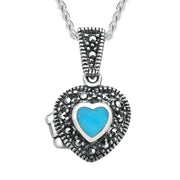 Sterling Silver Turquoise Marcasite Small Bead Edge Heart Locket, P2147.