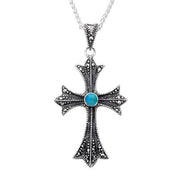 Sterling Silver Turquoise Marcasite Three Point Cross Necklace, P2115.